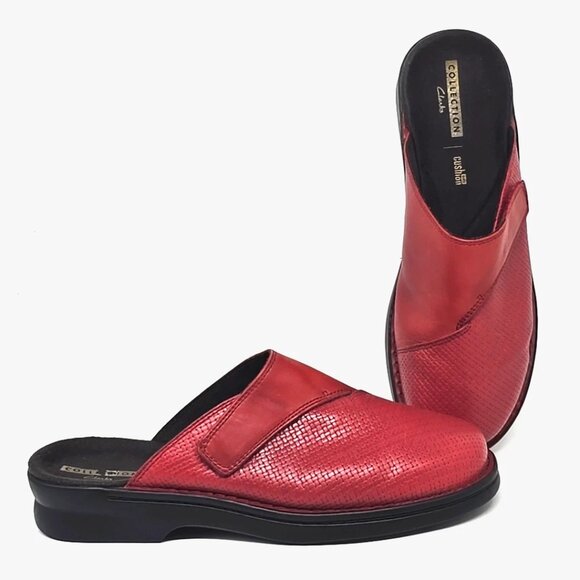 Clarks Collection Patty Tanya Red Leather Slip on Mule Clogs Women's Size 11W - Picture 1 of 12